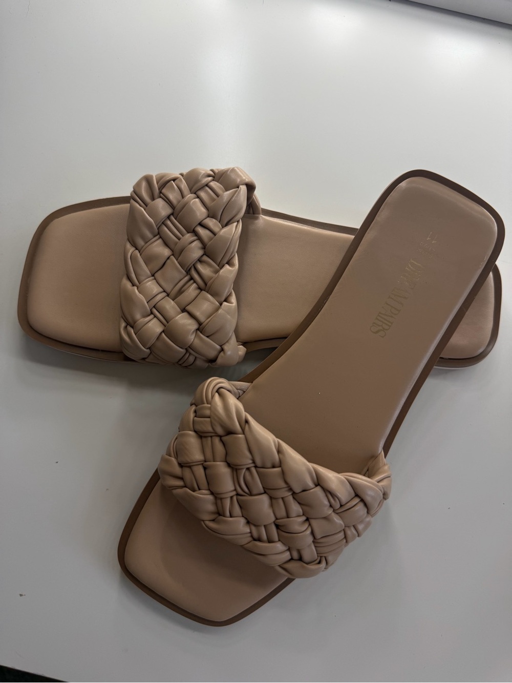 Woven Strap Slide Sandals in Beige